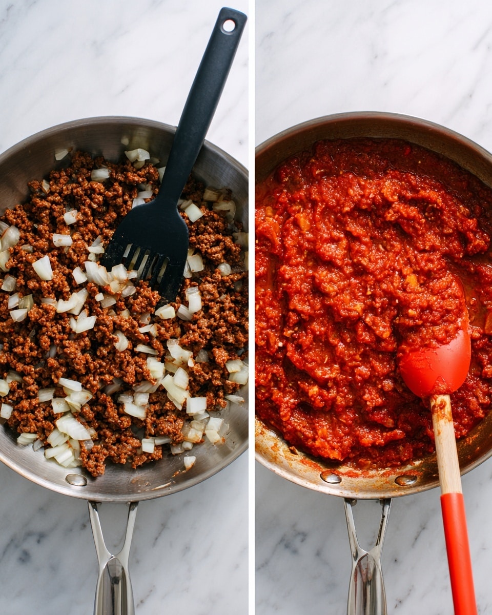The image shows two side-by-side photos of a cooking pot. The left photo has browned ground meat mixed with chopped white onions in a silver pan with a black slotted spoon resting inside. The mixture is chunky with some pieces of meat and diced onions visible. The right photo shows the same ground meat now fully cooked in a thick red tomato sauce, giving it a textured and slightly lumpy look with a red spatula stirring it. Both photos are set on a white marbled background. Photo taken with an iphone --ar 4:5 --v 7