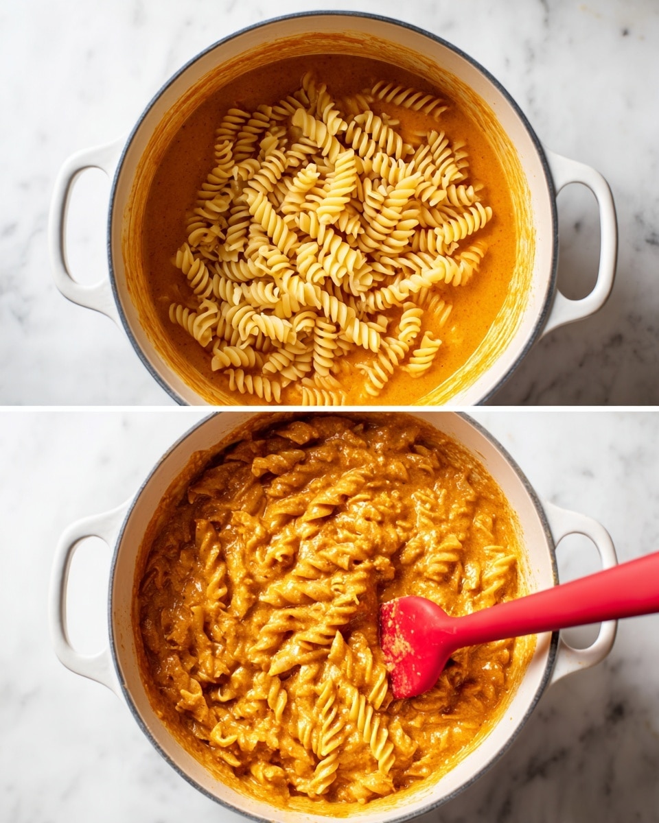 The image shows two views of a white pot on a white marbled surface. In the first view, a shiny, thick, orange tomato sauce fills the pot, with cooked, yellow spiral pasta stacked neatly on top and a red spatula resting on the right side. In the second view, the pasta is mixed evenly into the sauce, turning the spirals a rich orange color as they soak up the sauce, with the red spatula still in the same position, moving the creamy, textured mixture. The light highlights the smooth sauce and the pasta’s spirals well, emphasizing the creamy and hearty look of the dish photo taken with an iphone --ar 4:5 --v 7