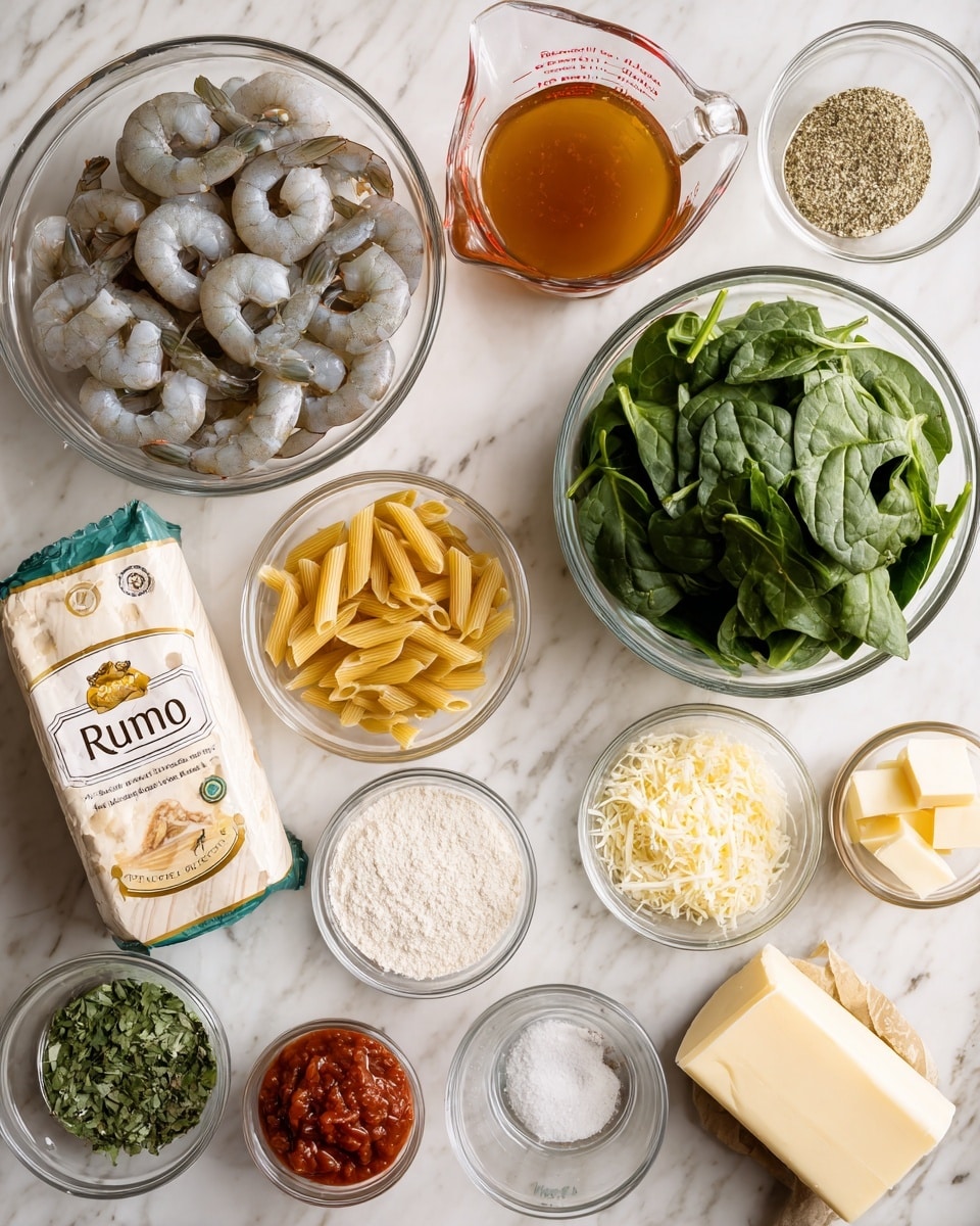 A top view of various cooking ingredients arranged neatly on a white marbled surface, featuring a clear glass bowl filled with raw gray shrimp positioned near the top left, and below it a glass measuring cup half full of orange-brown broth. To the right center is a large clear glass bowl filled with fresh green spinach leaves. Surrounding these are smaller glass bowls containing different ingredients like white flour, chopped green herbs, minced garlic, and dried onion flakes. A white bowl of finely shredded cheese and a small square of pale yellow butter sit near the lower right. Also visible are small bowls with red tomato paste, and mixed salt and green herbs. In the middle lies a cream-colored package of gluten-free penne pasta labeled