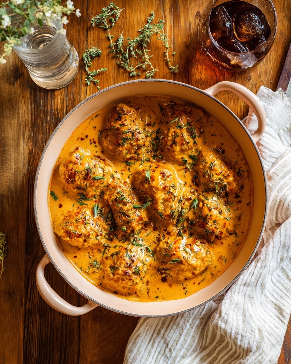 The image shows seven ingredients placed on a brown wooden surface with a white marbled texture. In the top left, there is a round metal pan holding one yellow onion and one whole garlic bulb. To the right of the pan, a clear glass measuring cup filled with light brown broth sits near the top right corner. Below the pan, a small wooden bowl contains three piled spices: red paprika, black pepper, and light beige garlic powder. In the middle right, a wooden bowl with white cream is next to a spice bottle with a red cap and a white and red label reading