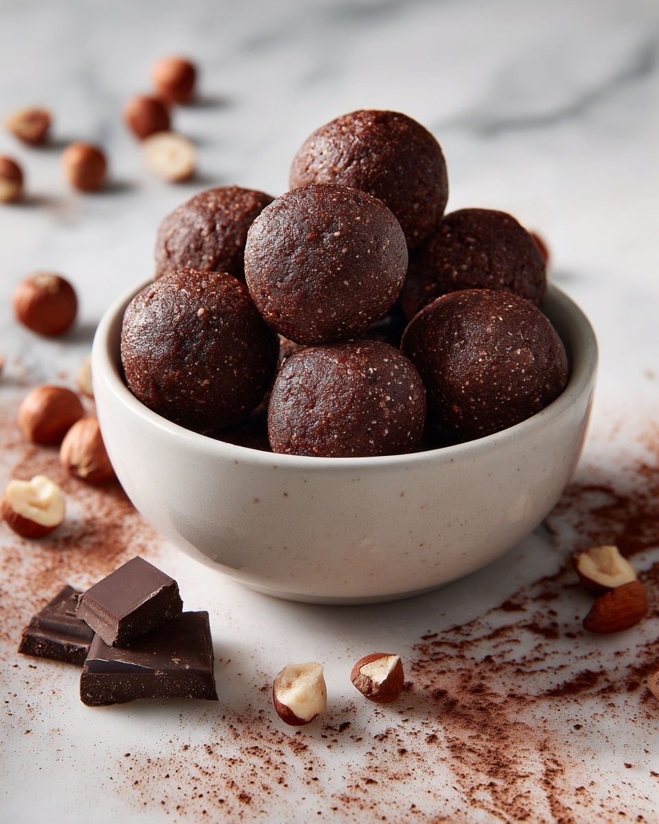 A white bowl holds about a dozen rough-textured, dark brown chocolate dough balls closely packed inside. The inside of the bowl is smeared with chocolate, showing uneven streaks around. Around the bowl, scattered hazelnuts and broken pieces of dark chocolate add detail on a white marbled surface dusted lightly with flour and a bit of chocolate smudge, creating a rustic baking scene. photo taken with an iphone --ar 4:5 --v 7