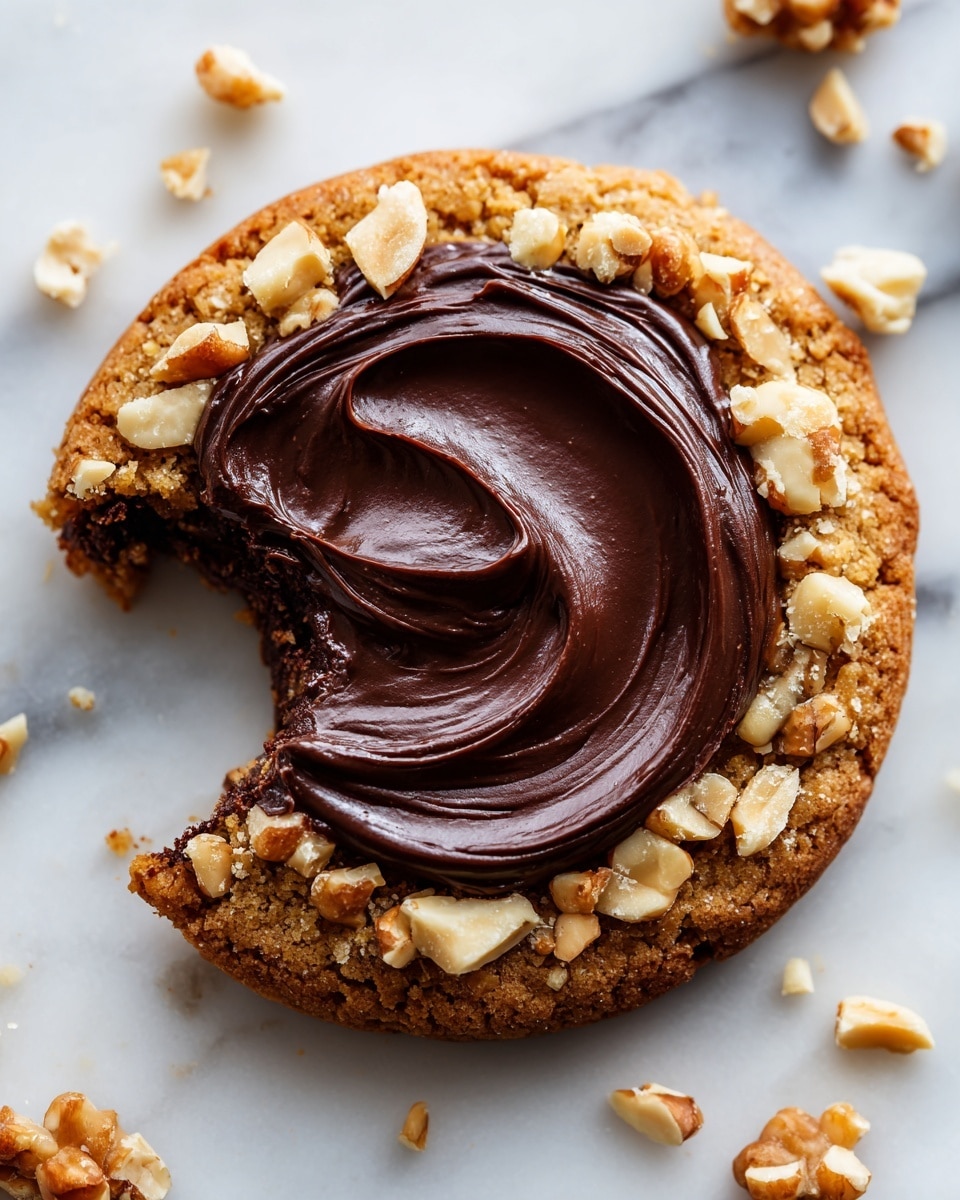 The image shows many round cookies arranged on a white marbled surface. Each cookie has two layers: the outer layer is made of small, crunchy, light brown nut pieces that cover the sides and form a border, while the center is filled with smooth, shiny dark chocolate that has a slight dip in the middle. The cookies are closely placed but not touching, with a few whole and broken nut pieces scattered around them. The light reflects softly off the chocolate, highlighting its glossy texture. photo taken with an iphone --ar 4:5 --v 7