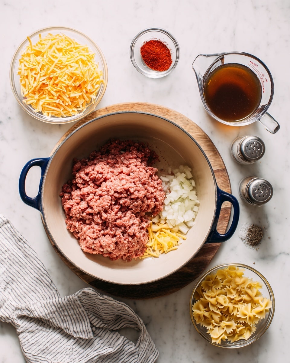 A large white pot with blue handles sits on a small wooden board on a white marbled surface. Inside the pot, on the left side, there is a mound of raw ground meat with a pinkish-red color. To the bottom right of the meat, small white onion pieces and some yellow minced garlic rest next to a few drops of red oil. Surrounding the pot, from left to right, are bowls and containers: a glass bowl of shredded orange-yellow cheese, a small bowl with red powder, two small glass salt and pepper shakers, a clear bowl filled with yellow bow-tie pasta, and a large clear measuring cup filled with dark brown broth. A striped white and gray cloth lies underneath some of the bowls on the left side. photo taken with an iphone --ar 4:5 --v 7