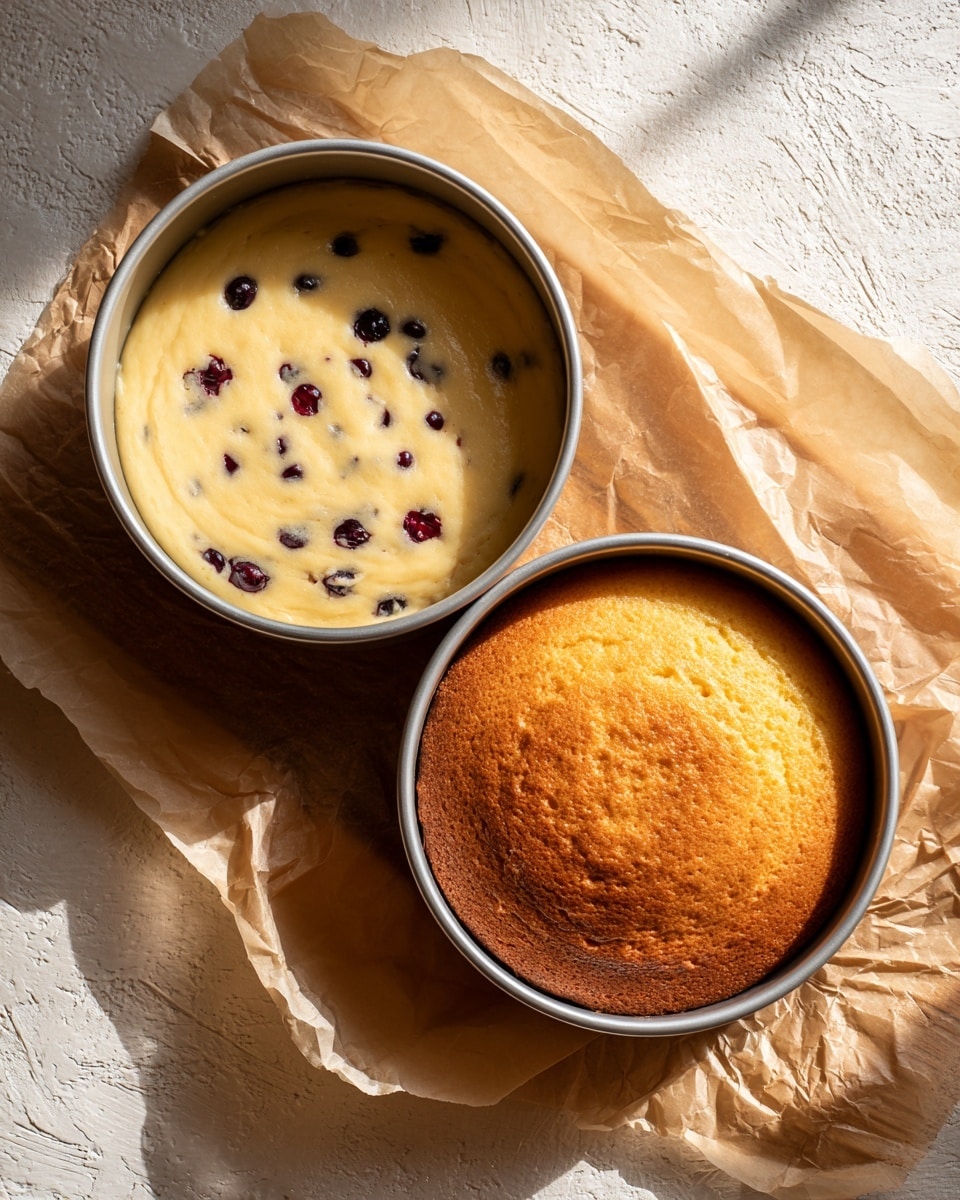 The image shows two round metal cake pans on a wooden table with white marbled texture in the background. The left pan contains light yellow cake batter with dark berries mixed in, smooth on the top and filling about three-quarters of the pan. The right pan has a fully baked golden-brown cake with a slightly cracked top, risen above the pan’s edge. Both pans rest on crumpled beige parchment paper, with sunlight casting soft shadows from the right. Photo taken with an iphone --ar 4:5 --v 7