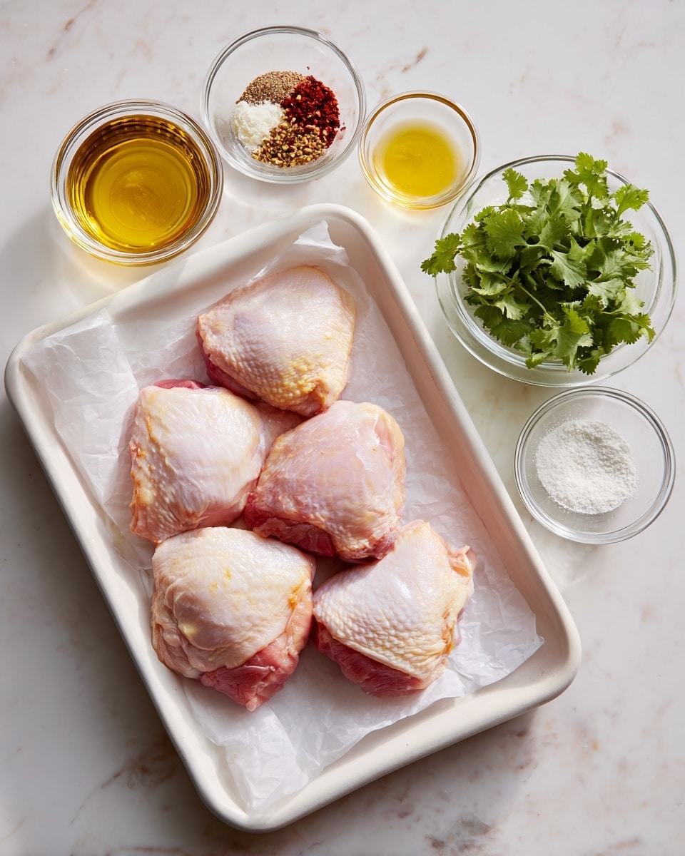 A white rectangular tray lined with white parchment paper holds four raw, pale pink chicken thighs with some fat on the edges. To the right, there are five small clear glass bowls arranged loosely: one with fresh green cilantro leaves, one with a mix of red, white, and brown spices, one with a golden liquid, one with a pale yellow liquid, and a very small bowl with a white powder. All items are placed on a white marbled surface. photo taken with an iphone --ar 4:5 --v 7