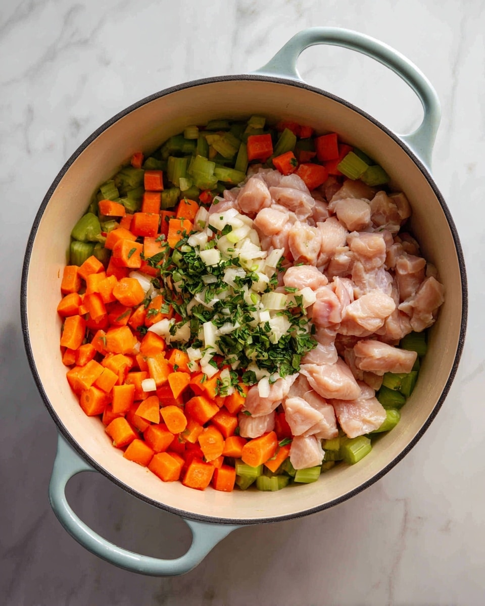 A large cream-colored pot with light blue handles contains two scenes: the top scene shows a first layer of cooked diced orange carrots, green celery, and translucent onions, with small white garlic pieces and fresh green herbs on top in the center; the bottom scene adds a second layer of raw, pale pink diced chicken placed over the cooked vegetables, partially covering them. The pot sits on a white marbled surface, and the colors are bright and fresh. photo taken with an iphone --ar 4:5 --v 7