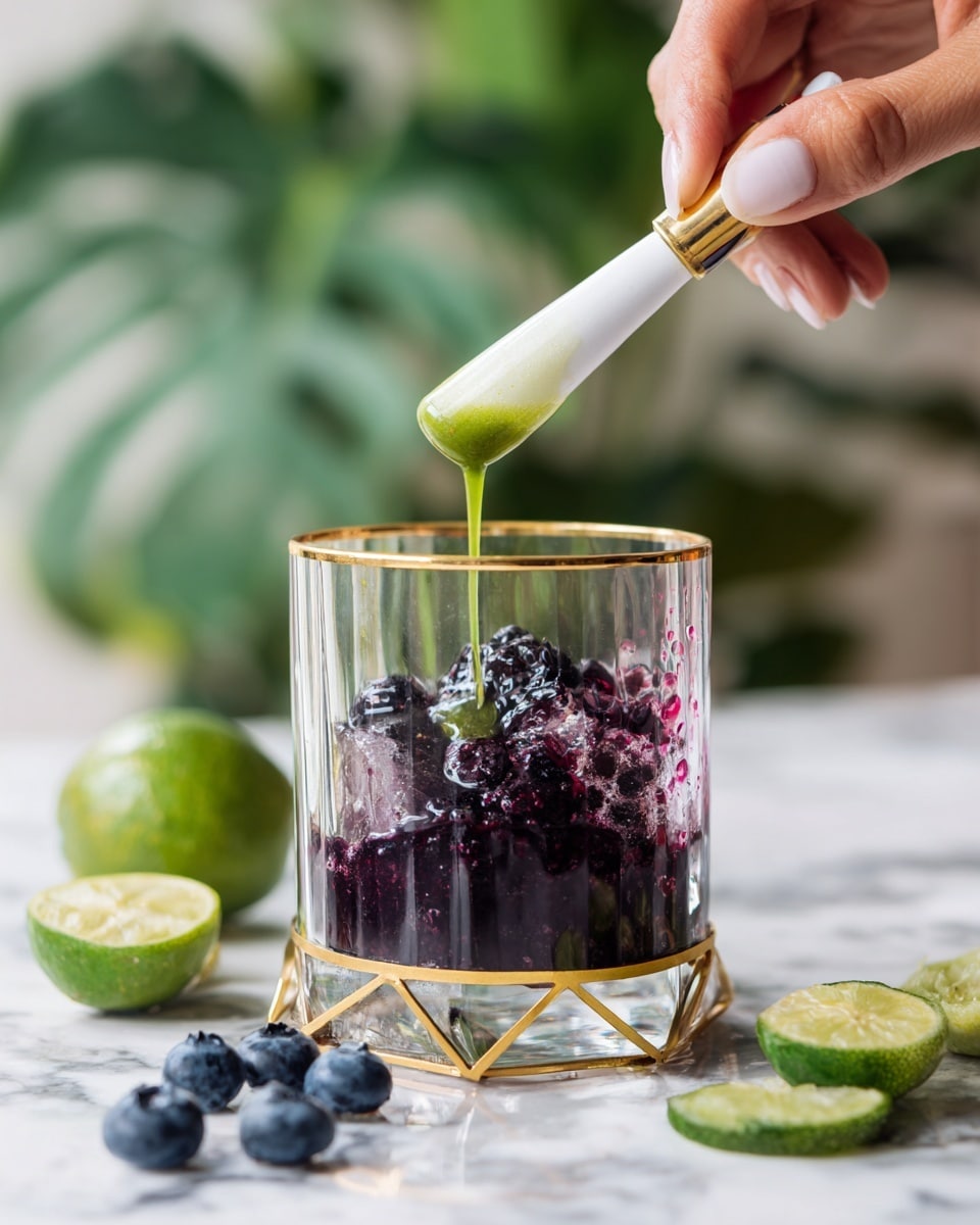 The image shows a clear glass with a gold rim placed on a white hexagonal coaster, set against a white marbled surface. Inside the glass, the bottom layer is a deep red crushed berry mixture with visible small seeds, covered by a few green lime wedge pieces resting on top. In the second frame, the same glass contains the red berry layer at the bottom, now topped with a pile of clear ice cubes filling most of the glass, creating a contrast between the vibrant red and the transparent ice. Photo taken with an iphone --ar 4:5 --v 7