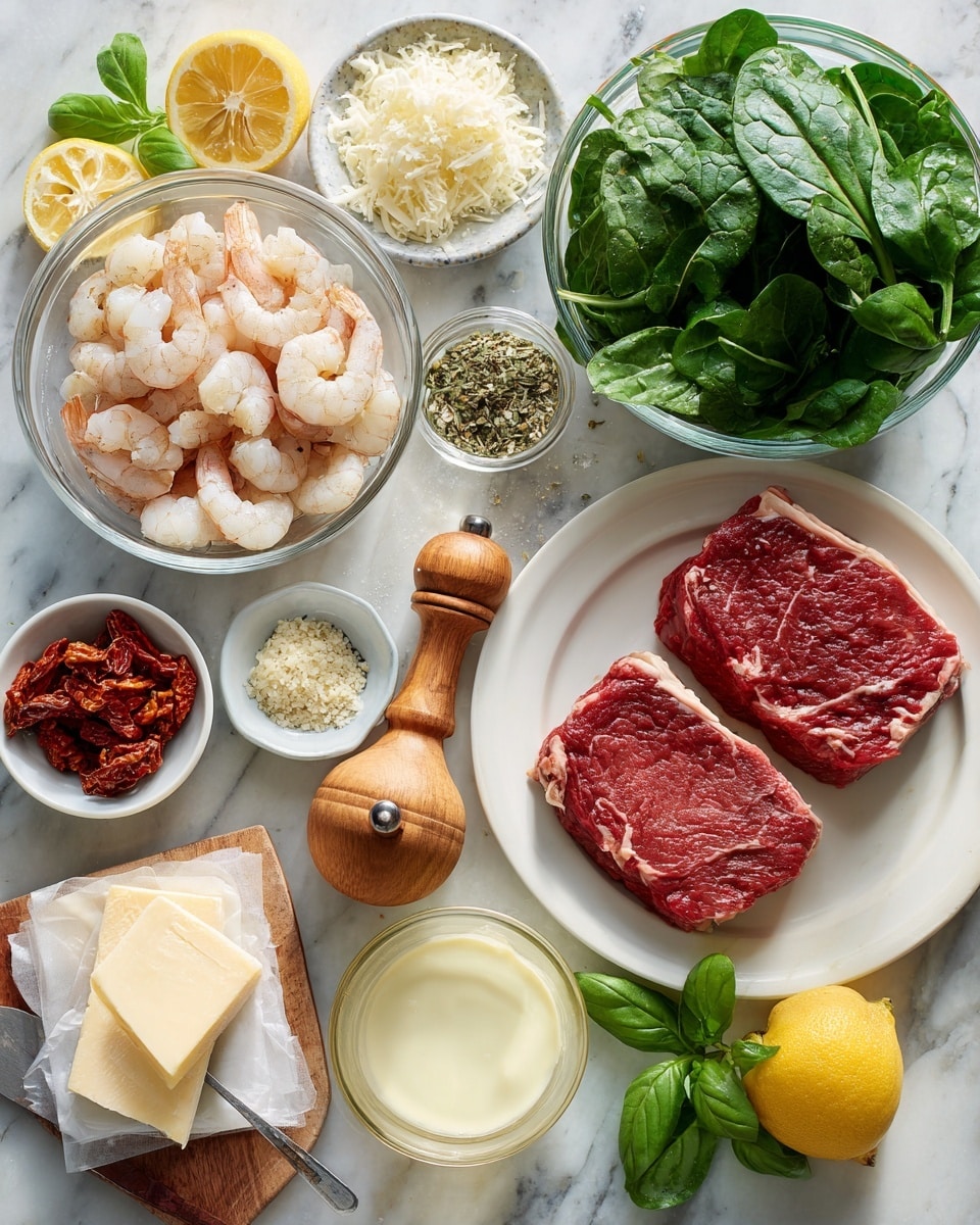 A shiny metal pan filled with creamy light orange sauce that has small green spinach leaves spread throughout, with large pink shrimp scattered on top and mixed inside. There are some yellow lemon slices and pieces of browned meat beneath the sauce, sprinkled with black pepper and green herbs. The pan is on a white marbled surface, next to a white salt container with a gold spoon, a wooden pepper grinder, a wooden spoon, and a white cloth. photo taken with an iphone --ar 4:5 --v 7