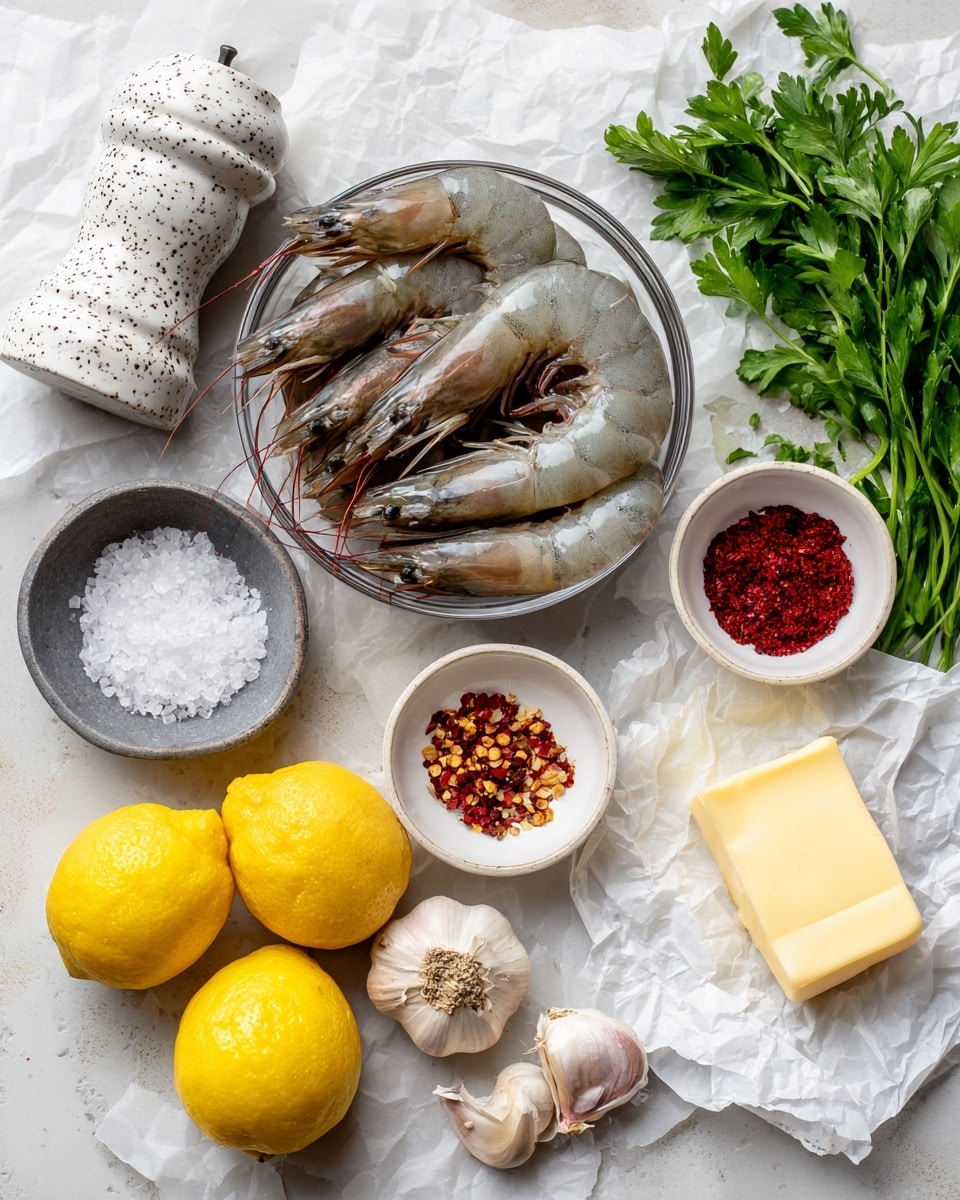 The dish shows a white plate filled with about ten grilled shrimp that are orange with char marks, garnished with small green herb pieces and slices of red chili pepper. One shrimp is topped with a red chili slice. On the bottom left of the plate is a grilled lemon half with a lightly charred yellow surface and green herbs sprinkled on top. A small white bowl filled with a brown sauce, speckled with herbs and spices, sits on the left side of the plate, partly under the shrimp. The whole scene is set on a white marbled surface. photo taken with an iphone --ar 4:5 --v 7