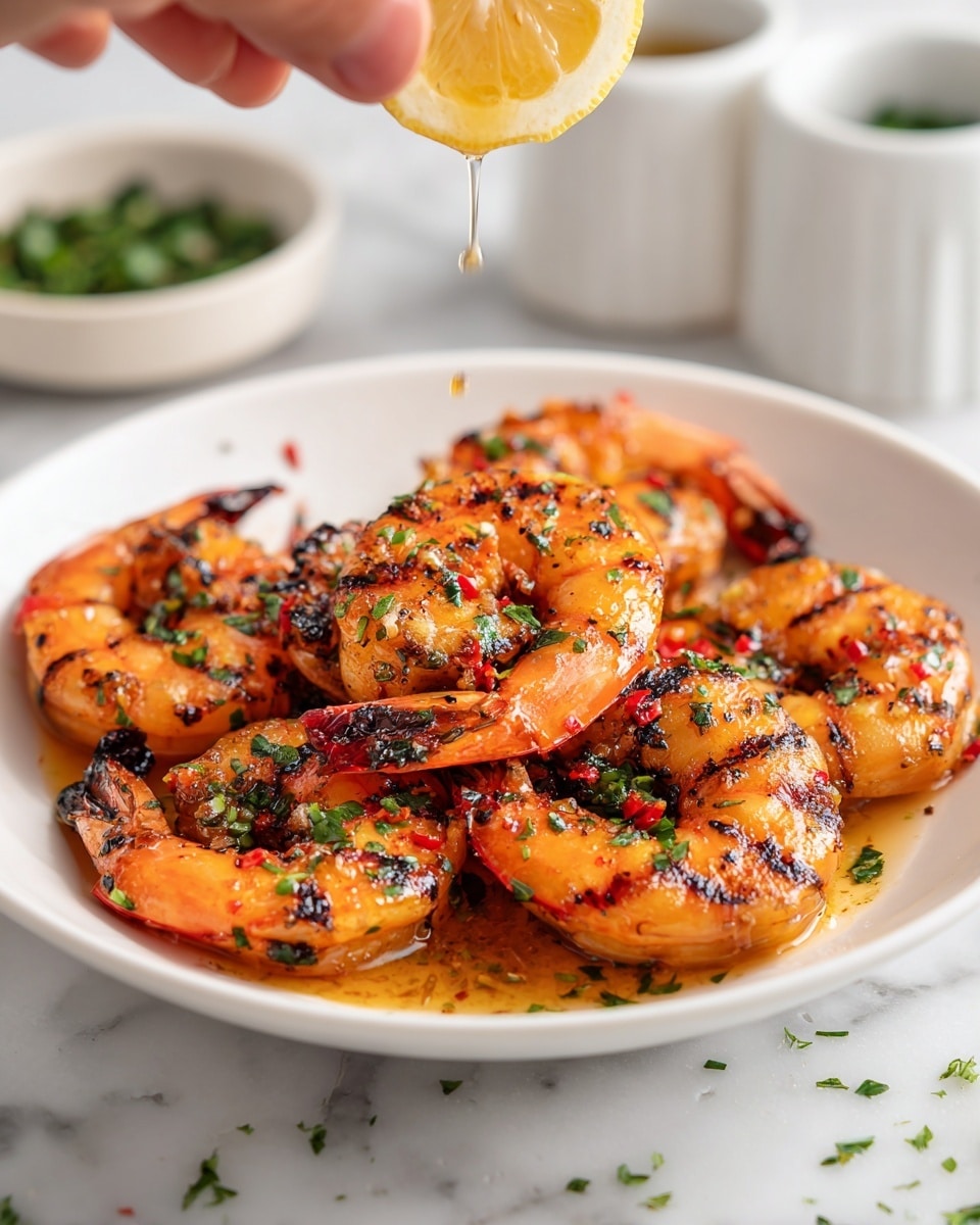 A white round bowl holds six grilled shrimp arranged in a slightly overlapping circle, each shrimp showing charred grill marks and a bright orange color. The shrimp are topped with chopped green herbs, small pieces of red chili, and minced garlic. A woman's hand is squeezing juice from a lemon half over the shrimp, with the juice visibly dripping onto them. In the background, there is a small white bowl of chopped green herbs and two white containers, all set on a white marbled surface. Some scattered herbs add a fresh touch around the bowl photo taken with an iphone --ar 4:5 --v 7