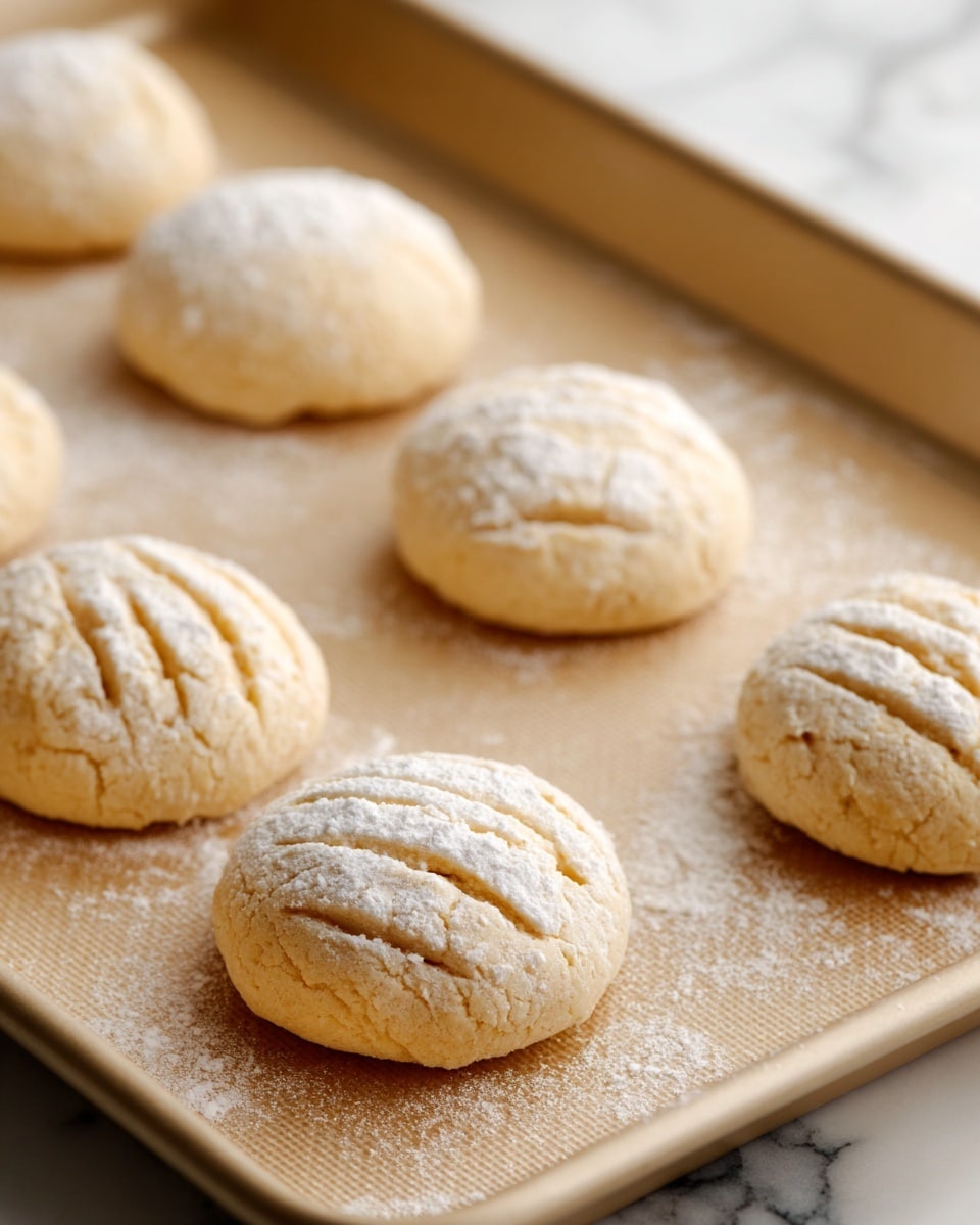 The image shows six small, round dough balls placed apart on a light beige baking sheet with a subtle textured surface. Each dough ball has a light dusting of flour on top, giving them a slightly powdery look, and the surface of each dough ball has three shallow, parallel lines pressed into it, adding texture. The dough balls have a soft, slightly cracked exterior and smooth edges, indicating they are ready for baking. The background features a white marbled texture behind the baking sheet. photo taken with an iphone --ar 4:5 --v 7
