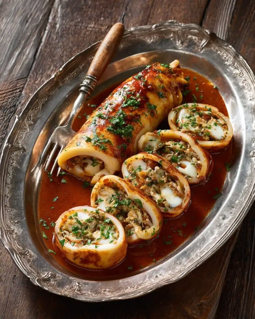 Stuffed Squid with Rice and Vegetables in Tomato Sauce Recipe