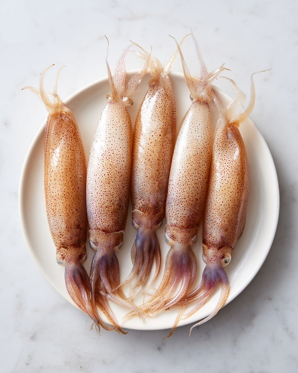 A round brown dish holds six stuffed squid tubes arranged in a circle on a red sauce base. Each squid tube is white with a slightly shiny and smooth surface and is closed with small wooden toothpicks. The tentacles peek out slightly under the tubes. Bright green parsley leaves are scattered evenly over the squid, adding small pops of color. The dish rests on a white marbled surface with a white cloth partially visible on the left side. The photo taken with an iphone --ar 4:5 --v 7