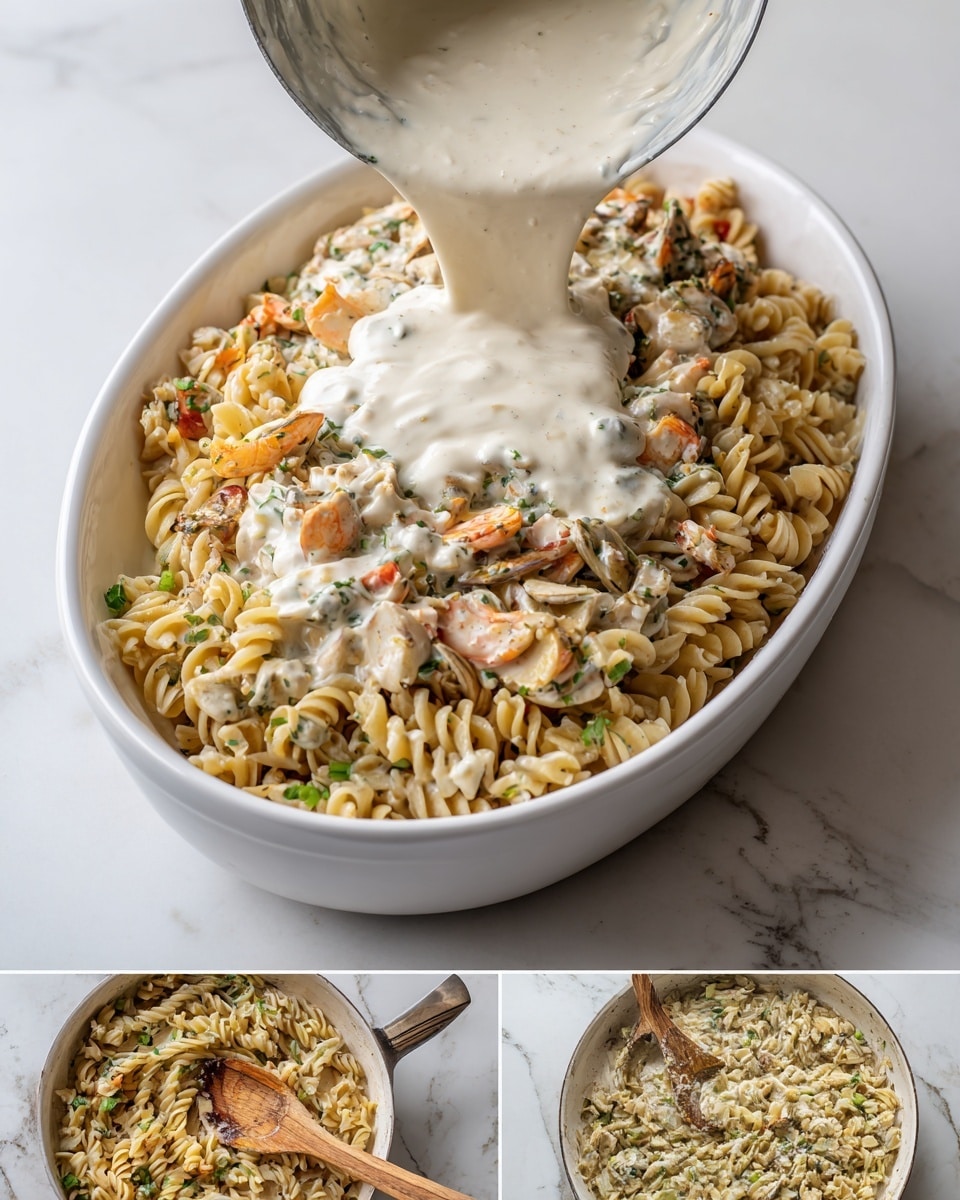 The image shows a white oval dish filled with cooked pasta, pieces of seafood, and small green vegetable slices, forming the bottom layer that looks slightly textured and mixed. Above this, a smooth, creamy white sauce is being poured from a pot over the pasta, covering it evenly with a shiny, thick layer. The background surface is a white marbled texture. The top two smaller pictures show the cooked pasta mixture in the same dish and the sauce gently stirred in a pan with a wooden spoon. photo taken with an iphone --ar 4:5 --v 7