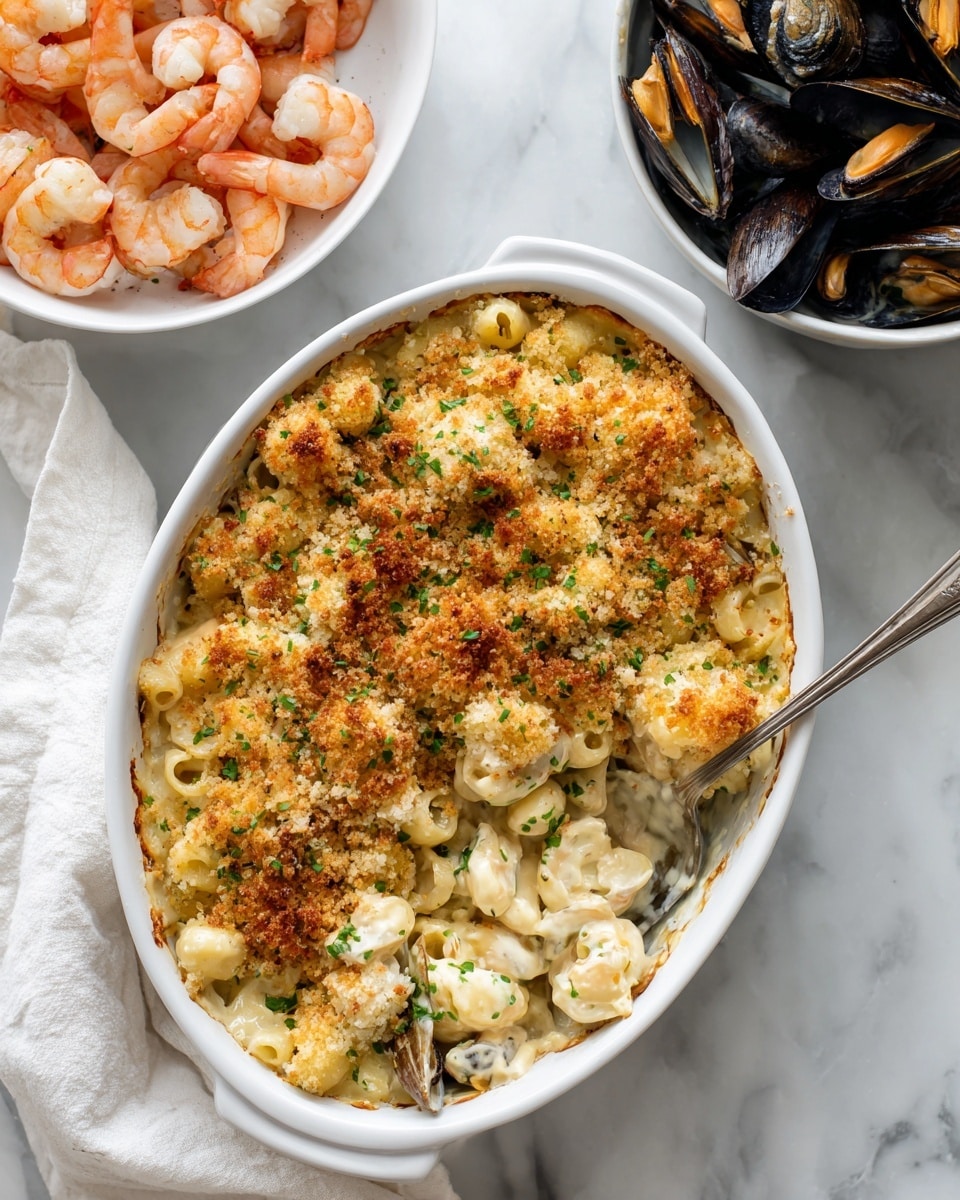 A white bowl with a blue rim holds a creamy pasta dish. At the bottom and filling most of the bowl, there is a layer of short twisted pasta in a thick white sauce. Mixed in are small pieces of light orange shrimp and dark slices of mushrooms. On top, there is a golden brown crumb layer, crisp and slightly textured. Behind this, a small section of dark green cooked leafy vegetables rests on the pasta. A silver spoon with a white handle is placed inside the bowl on the left side. The bowl sits on a white marbled surface with a light gray cloth beneath it. In the background, a large pan filled with the same dish is out of focus. photo taken with an iphone --ar 4:5 --v 7