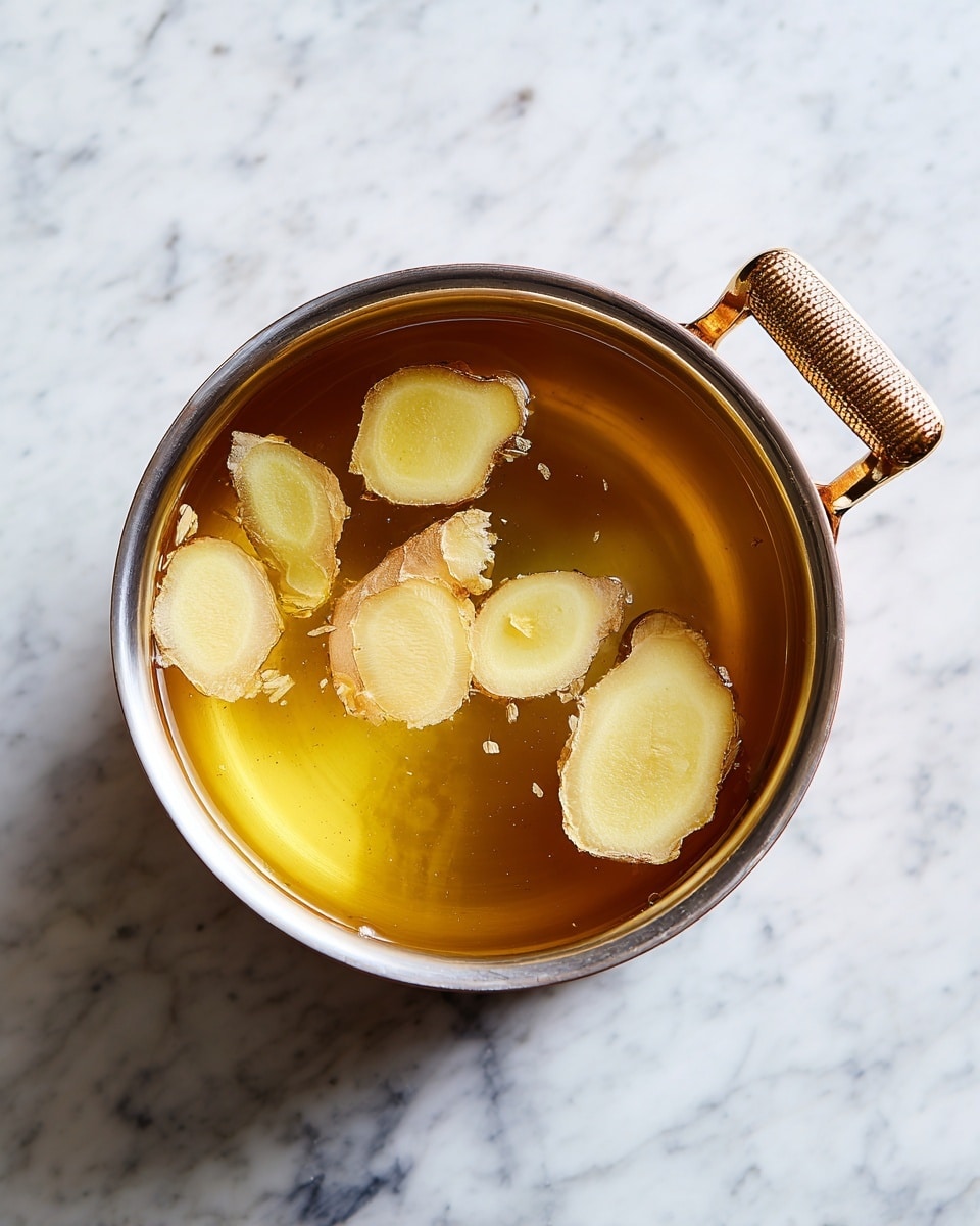 A metal pot filled with a clear golden liquid, with two slices of light beige ginger floating on the surface, placed on a white marbled texture background, the pot has a smooth metal inside and a handle wrapped in a tan grip showing on the right side photo taken with an iphone --ar 4:5 --v 7