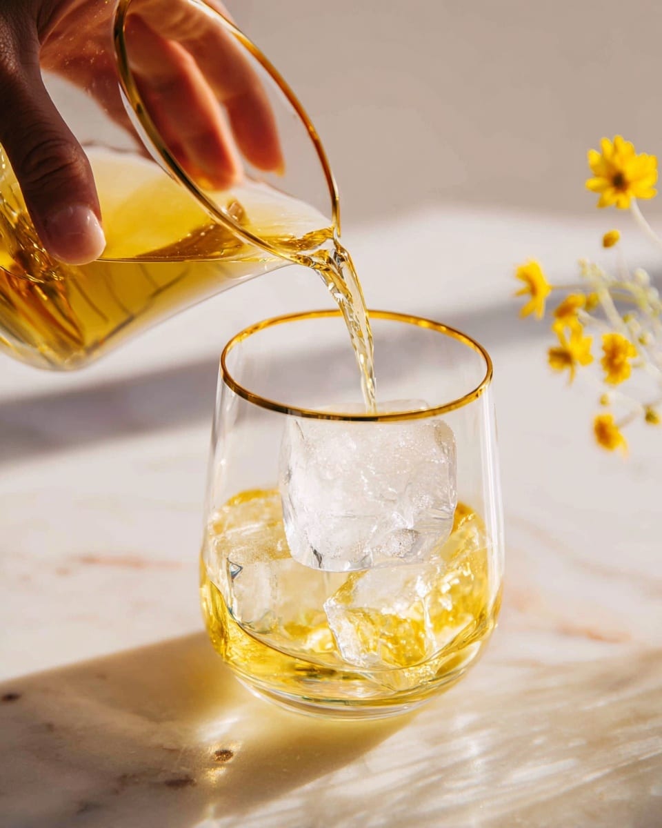 A clear glass with a gold rim is shown from above, with two large ice cubes inside. Light yellow liquid is being poured into the glass from a clear pitcher held by a woman's hand. The glass is placed on a white marbled surface with soft natural light highlighting the transparency of the glass and the ice, and a small yellow flower is blurred in the background near the top right corner. Photo taken with an iphone --ar 4:5 --v 7