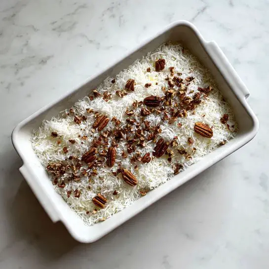A white rectangular dish filled with one layer of white shredded coconut spread evenly across the bottom, topped with a scattered layer of small, chopped pieces of brown pecans, creating a contrast in texture and colors, all placed on a white marbled surface photo taken with an iphone --ar 4:5 --v 7
