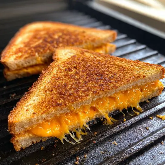 A toasted sandwich cut into two triangular halves sits on a black grill surface. The sandwich has two slices of golden-brown toasted bread with a slightly crispy texture. Between the bread layers, melted orange cheese oozes slightly, visible especially near the bottom edges where it spills out a bit. The sandwich shows a rich blend of warm brown and orange colors, highlighting the toasty crust and melted cheese inside. Photo taken with an iphone --ar 4:5 --v 7