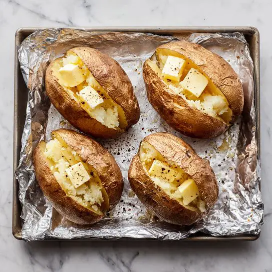 Four baked potatoes with brown, wrinkled skins are placed in a single row on a baking tray lined with crinkled silver foil. Each potato is split open at the top to show soft white potato inside, with a small square of melting pale yellow butter on the fluffy interior. The potatoes are sprinkled lightly with salt and a few black pepper flakes. The baking tray rests on a white marbled surface. photo taken with an iphone --ar 4:5 --v 7