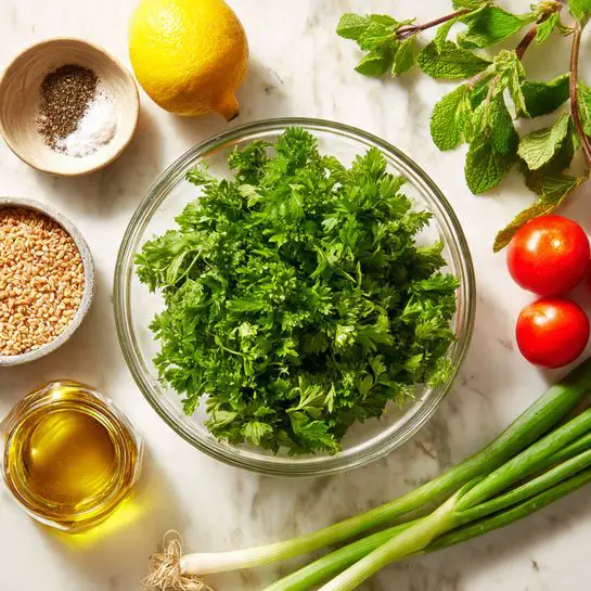 A clear glass bowl filled with fresh, bright green curly parsley sits in the center of a white marbled surface. Around it, from left to right, there is a whole yellow lemon, a small bunch of fresh green mint leaves with some brown stems, a small clear bowl of light brown bulgur wheat, and a tiny clear bowl with a mix of coarse black pepper and salt. To the right of the parsley bowl, there are two red Roma tomatoes stacked slightly, a small glass jar filled with golden olive oil topped with a clear glass lid, and three green onions with white ends and green stalks, lying side by side. The image is bright and clean, focusing on fresh, raw ingredients. photo taken with an iphone --ar 4:5 --v 7