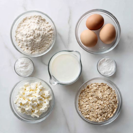 The image shows six clear glass bowls placed on a white marbled surface. The top left bowl holds white flour with a rough texture, while the top middle bowl contains two brown eggs. The top right measuring cup is filled with white milk. On the bottom left, there is a bowl filled with soft white cottage cheese, and the bottom middle small bowl has a small amount of white baking soda. The bottom right bowl contains light beige rolled oats with a coarse texture. All bowls are arranged neatly with clear visibility of the ingredients inside. Photo taken with an iphone --ar 4:5 --v 7