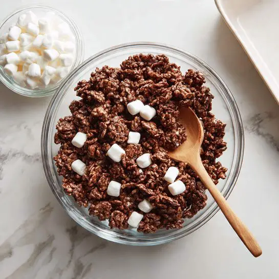 A clear glass bowl filled with a mix of dark brown, cocoa-coated cereal clusters and small white marshmallows is placed on a white marbled surface. The bowl has a wooden spoon resting inside it, slightly covered by the cereal mix. Next to the bowl, on the left, is a small clear glass container with more white marshmallows, and on the right side, there is a plain white rectangular baking dish. The overall scene has a clean, bright look with a top-down view showing the texture and colors clearly. photo taken with an iphone --ar 4:5 --v 7