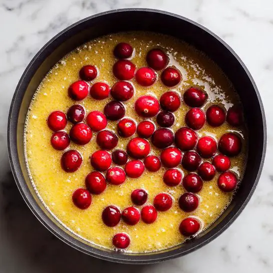 A clear glass bowl sits on a white marbled surface, holding a large stick of pale yellow butter topped with a heap of fine white powdered sugar, creating a soft, powdery white layer on the butter. In the background, a small white bowl contains bright red cranberries, and a red, orange, and dark blue plaid cloth is partially draped next to the bowl. The scene captures a simple, clean kitchen moment with bright, natural light. photo taken with an iphone --ar 4:5 --v 7