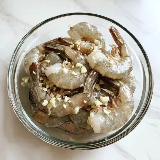 A clear glass bowl holds raw shrimp with their tails on, coated with small pieces of chopped garlic and light seasoning. The shrimp are pale gray with some darker lines and spots, layered loosely inside the bowl. The bowl is placed on a white marbled surface. photo taken with an iphone --ar 4:5 --v 7