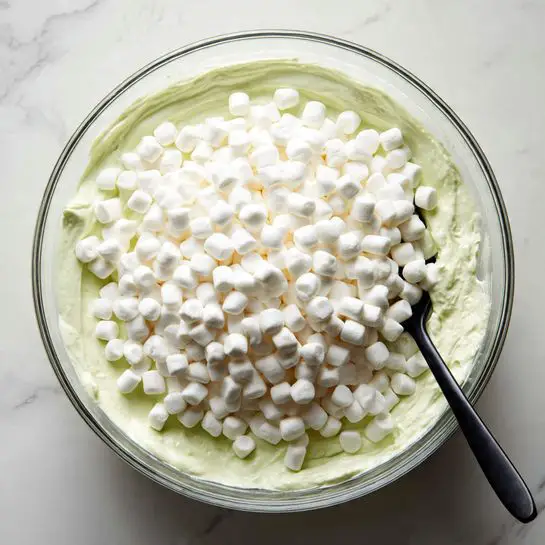A clear glass bowl sits on a white marbled surface and holds a single layer of bright green mashed mixture with a slightly chunky texture and small bits of seasoning scattered throughout. Above it, partially visible, are two additional white bowls, one filled with mini white marshmallows and the other with white powder, likely sugar or flour. The contrast of the bright green mixture against the clear bowl and white marble makes the colors stand out sharply. photo taken with an iphone --ar 4:5 --v 7