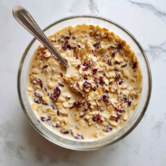 A clear glass bowl filled with a mix of light brown oats soaked in a creamy, slightly frothy liquid, showing small dark red berry pieces scattered throughout. A silver spoon is partially submerged in the mixture, resting inside the bowl. The bowl sits on a white marbled surface beneath it. photo taken with an iphone --ar 4:5 --v 7