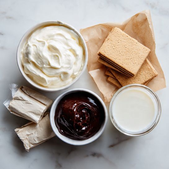 The image shows ingredients for a dessert on a white marbled surface. There is a white bowl filled with thick, smooth white cream at the top left. Below it, a smaller white bowl holds dark, shiny chocolate sauce. To the bottom right, there is a clear glass bowl or jug filled with white milk. Scattered around are several wrapped beige graham crackers and two brown paper packages. The shapes and textures range from soft cream, smooth liquid chocolate, and milk to dry, rough crackers and crumpled paper packages photo taken with an iphone --ar 4:5 --v 7