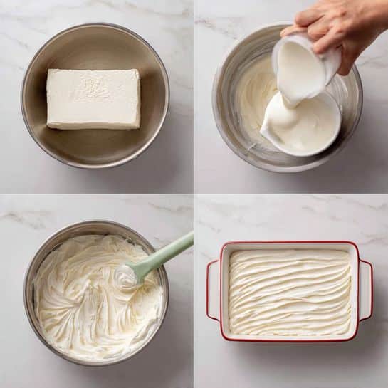 The image shows four steps of making a creamy white mixture. In the first step, a large block of cream cheese with a smooth, soft texture sits alone in a metal mixing bowl with a brushed silver inside. In the second step, a woman's hand is pouring white liquid, probably heavy cream, from a small white bowl into the mixing bowl on top of the cream cheese. The third step shows the creamy mixture whipped into a fluffy, thick texture with peaks inside the same metal bowl, with a green spatula holding more of the mixture. The last step shows a white rectangular dish filled with a red base layer, covered evenly with a thick, smooth white cream spread in soft, wavy lines across the surface. The background is a white marbled texture. photo taken with an iphone --ar 4:5 --v 7