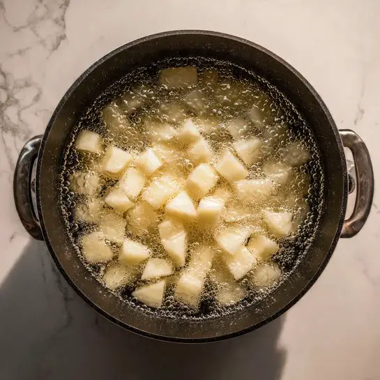 A black pot filled with a single layer of pale white potato pieces cut into uneven small cubes, submerged in clear bubbling water. The pot is placed on a white marbled surface, and water droplets cling to the inside sides of the pot. Photo taken with an iphone --ar 4:5 --v 7