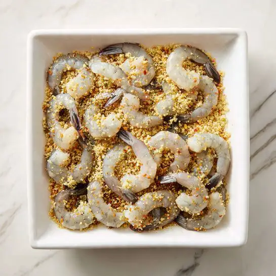 The image shows a white square dish filled with raw shrimp and small yellowish crumbs that cover most of the shrimp. The shrimp are greyish and translucent with dark tails, scattered across the dish, partially buried in the crumbs. The crumbs look soft and finely textured, evenly spread over the shrimp in a single layer. The dish is placed on a white marbled surface. Photo taken with an iphone --ar 4:5 --v 7