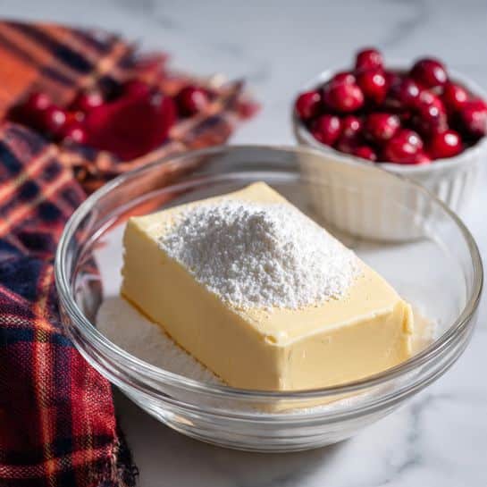 A top view of a black cooking pot filled with a yellow liquid layer at the bottom, smooth and shiny, with many small round red cranberries floating evenly across the surface. The cranberries have a glossy texture with some small bubbles around them, adding a fresh and juicy look. The pot sits on a white marbled surface, visible at the edges. photo taken with an iphone --ar 4:5 --v 7