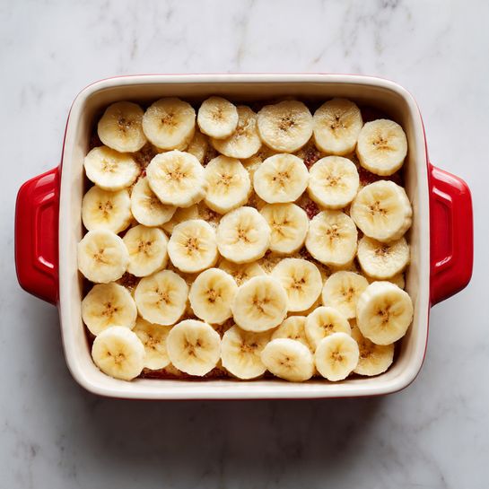 The image shows a red white ceramic baking dish filled with a single layer of round, light yellow banana slices neatly arranged in rows, covering the entire inside surface of the dish. The round slices show the soft texture and star-like pattern in the center of each banana piece. The dish is placed on a white marbled surface. photo taken with an iphone --ar 4:5 --v 7