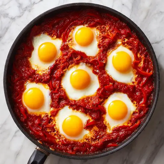 A black pan filled with rich red tomato sauce mixed with strips of cooked red pepper and onions, creating a thick textured base. On top of this sauce, there are six whole raw eggs evenly spaced, each with a bright yellow yolk sitting firmly in clear, glossy egg white, contrasting vividly against the deep red sauce. The pan is placed on a white marbled surface, showing a clean and simple background. photo taken with an iphone --ar 4:5 --v 7