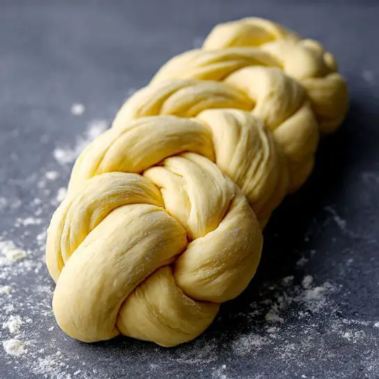 The image shows a loaf of raw dough, braided with six thick strands. The dough is light yellow and smooth, with a soft texture and slight folds in the braid. The braid is long and placed on a flat dark gray surface with some white flour traces scattered on it. The braid looks well-made and neatly arranged in a tight pattern, with each strand evenly rounded and tucked into the braid ends, which are thicker and have more twisted layers. The dough is fresh and ready to be baked. photo taken with an iphone --ar 4:5 --v 7
