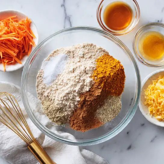 A clear glass bowl sits center on a white marbled surface, filled with several dry ingredients layered separately: a large base layer of light beige flour, topped with a vertical stripe of white powder on the left side, and a small pile of fine salt near the bottom. On the right side, there is a mix of several brown spices including cinnamon and ground seeds layered closely together. Surrounding the bowl are three small white bowls, one with bright orange shredded carrot on the top left, one with golden yellow crushed pineapple on the top right, and a small glass bowl with a shiny amber liquid near the top center. A gold whisk and a white cloth are placed at the bottom of the image. Photo taken with an iphone --ar 4:5 --v 7
