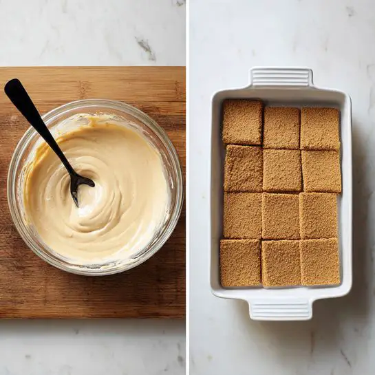 The image shows two side-by-side parts of a simple baking process. On the left, there is a glass bowl filled with a creamy, smooth, light beige batter, with a black spoon resting inside. The bowl is on a wooden surface. On the right, there is a white rectangular dish containing one even layer of rectangular brown graham crackers, arranged neatly side by side to cover the bottom of the dish. The background under the dish shows a white marbled texture. photo taken with an iphone --ar 4:5 --v 7