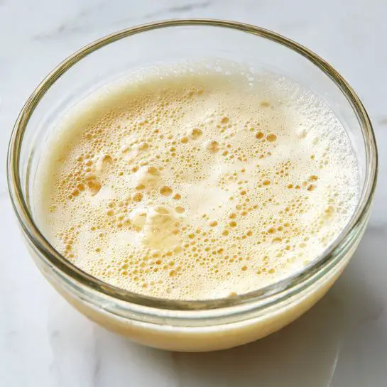 A clear glass bowl holds a pale yellow liquid with a layer of frothy bubbles covering the top, creating a light, airy texture. The bubbles vary in size, giving a soft foam-like appearance. The bowl is placed on a white marbled surface that adds subtle texture to the background. There are some droplets of the liquid splashed on the inner sides of the bowl, showing motion or recent stirring. The image captures the clear details and smooth surface of the bowl and liquid inside. photo taken with an iphone --ar 4:5 --v 7