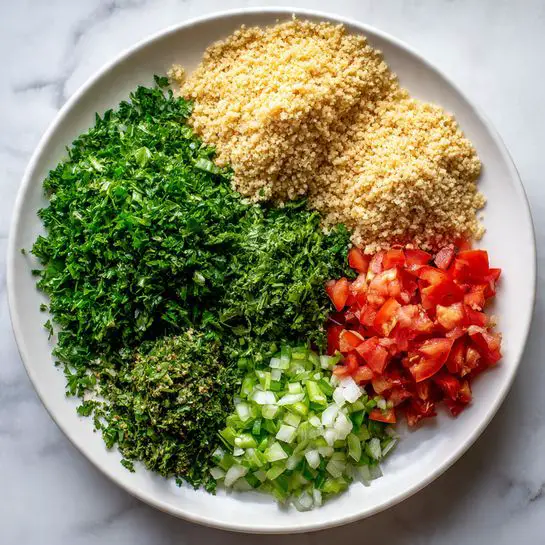 A large white plate sits on a white marbled surface, holding five separate piles of finely chopped ingredients. On the left side, a large mound of bright green parsley fills nearly half the plate with a dense, leafy texture. To the top right, a tan, grainy pile of bulgur wheat sits in a roughly oval shape with a slightly moist look. Below the bulgur, a small heap of darker green chopped mint leaves adds a finer, leafy texture. Next to the mint, a cluster of chopped light green scallions contrasts with bright red diced tomatoes arranged neatly in a small pile at the bottom right. The colors are vibrant and fresh, each ingredient clearly defined and ready to be mixed. photo taken with an iphone --ar 4:5 --v 7