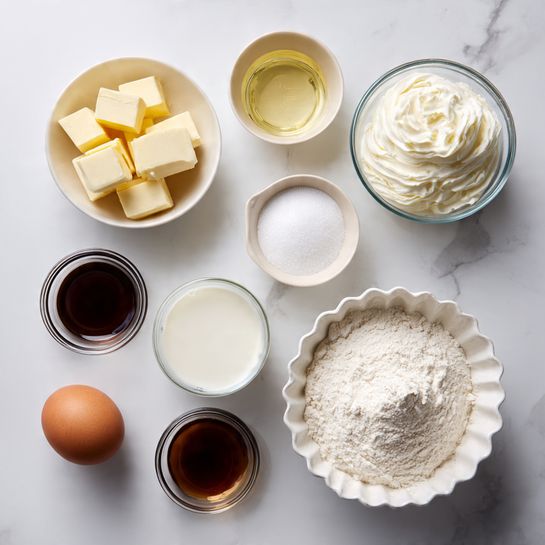 This image shows eight ingredients arranged neatly on a white marbled surface. At the bottom right, there is a white bowl filled with white flour. To its left, a plain brown egg sits on the surface. Above the egg, a small white bowl contains cubed pale yellow butter. Next to the butter on the right, a white scalloped bowl is filled with white granulated sugar. Above the sugar, a glass bowl holds thick white whipped cream with a smooth texture. In the center above the flour, there's a smaller glass bowl of white milk. To the left of the milk, a small beige bowl filled with dark brown vanilla extract sits. Above the vanilla, a clear glass bowl contains a small amount of white baking powder. Finally, at the top, a glass filled with pale golden liquid, likely oil, completes the arrangement. All containers are white or clear, placed on the white marbled surface. Photo taken with an iphone --ar 4:5 --v 7