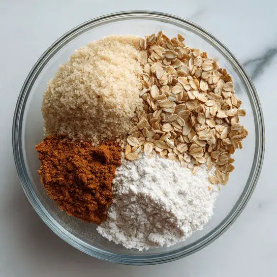 A clear glass bowl is shown from above, sitting on a white marbled surface, filled with four separate dry ingredients arranged in sections inside it. The largest portion is light beige granulated sugar with a grainy texture, next to it is a section of light brown rolled oats with a rough texture. Below the oats, there is a small pile of finely ground cinnamon with a rich brown color. Adjacent to the cinnamon, there is a small mound of bright white flour, creating a clear contrast against the other ingredients. Photo taken with an iphone --ar 4:5 --v 7