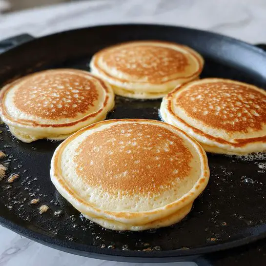 Four round, thick layers of light beige batter with a slightly bumpy texture cook evenly spaced on a black flat griddle. The surface beneath the griddle is white with a marbled pattern. Small bubbles and droplets of oil are scattered around the batter on the griddle. Photo taken with an iphone --ar 4:5 --v 7