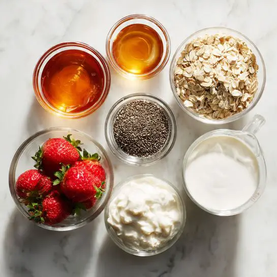 Six clear glass bowls and a clear glass measuring cup are arranged on a white marbled surface. From top left to bottom right, the bowls contain amber-colored syrup, red strawberries with green tops, light beige rolled oats, white creamy yogurt, small black and white chia seeds, and the measuring cup holds white milk. Each bowl shows the texture and color of its ingredients clearly and the overall layout is neat and bright. Photo taken with an iphone --ar 4:5 --v 7