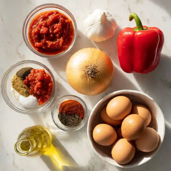 The image shows various ingredients arranged on a white marbled surface. A white bowl on the right side holds six light brown eggs in a single layer. Nearby, there is a whole yellow onion and a whole red bell pepper with a green stem, both placed next to each other. Two clear glass bowls on the left hold red sauces; one is smooth while the other contains diced tomatoes in sauce. A small glass bowl towards the top contains different ground spices in red, brown, black, and white colors, layered side by side. Two garlic cloves are positioned above the onion and spices. At the bottom center, there is a small clear bottle filled with light yellow oil. The lighting is soft and natural, highlighting the fresh colors of the ingredients. Photo taken with an iphone --ar 4:5 --v 7