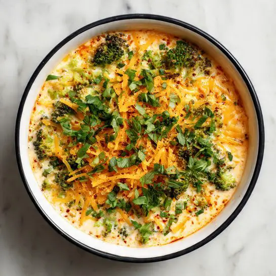 A white bowl with a black rim sits on a white marbled surface, filled with a layered dish. The bottom layer is a creamy light orange sauce with visible specks of herbs and spices, topped with an even layer of chopped bright orange shredded cheese. The top layer is covered with small, fresh green broccoli florets mixed with finely chopped dark green herbs spread evenly across the surface. The image is taken from above, capturing all details clearly, photo taken with an iphone --ar 4:5 --v 7