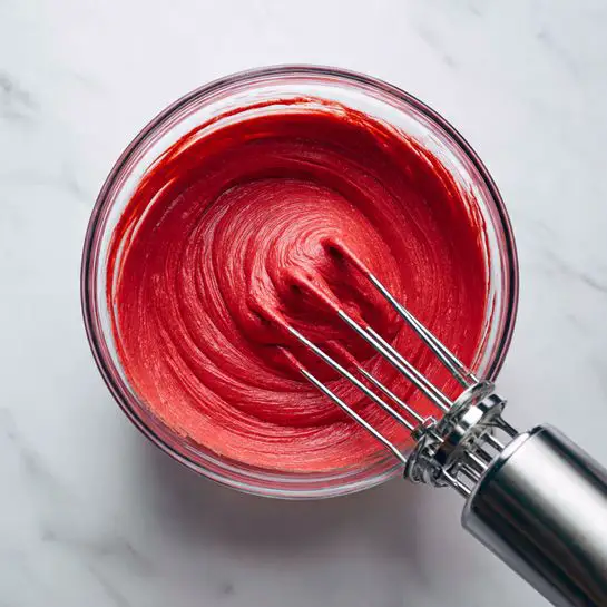 The image shows a close-up view of a glass bowl with smooth, thick, bright red batter being mixed inside. The batter has a rich, creamy texture with visible swirls and ridges from the mixing process. An electric hand mixer with shiny metal beaters is partially visible at the bottom right, actively blending the batter. The surface underneath the bowl is a white marbled texture. photo taken with an iphone --ar 4:5 --v 7